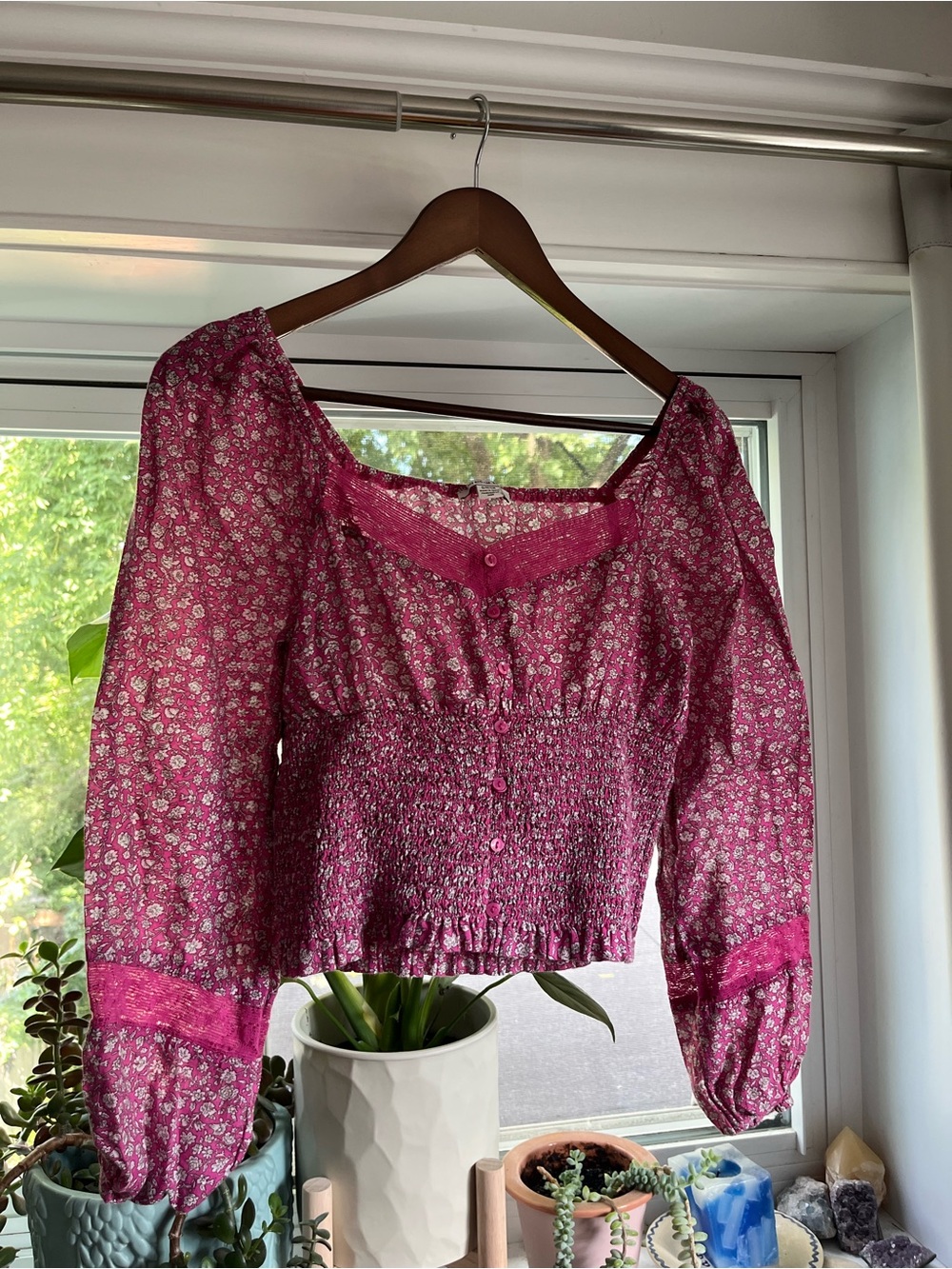 American Eagle Outfitters Fuchsia Floral Smocked Peasant Blouse